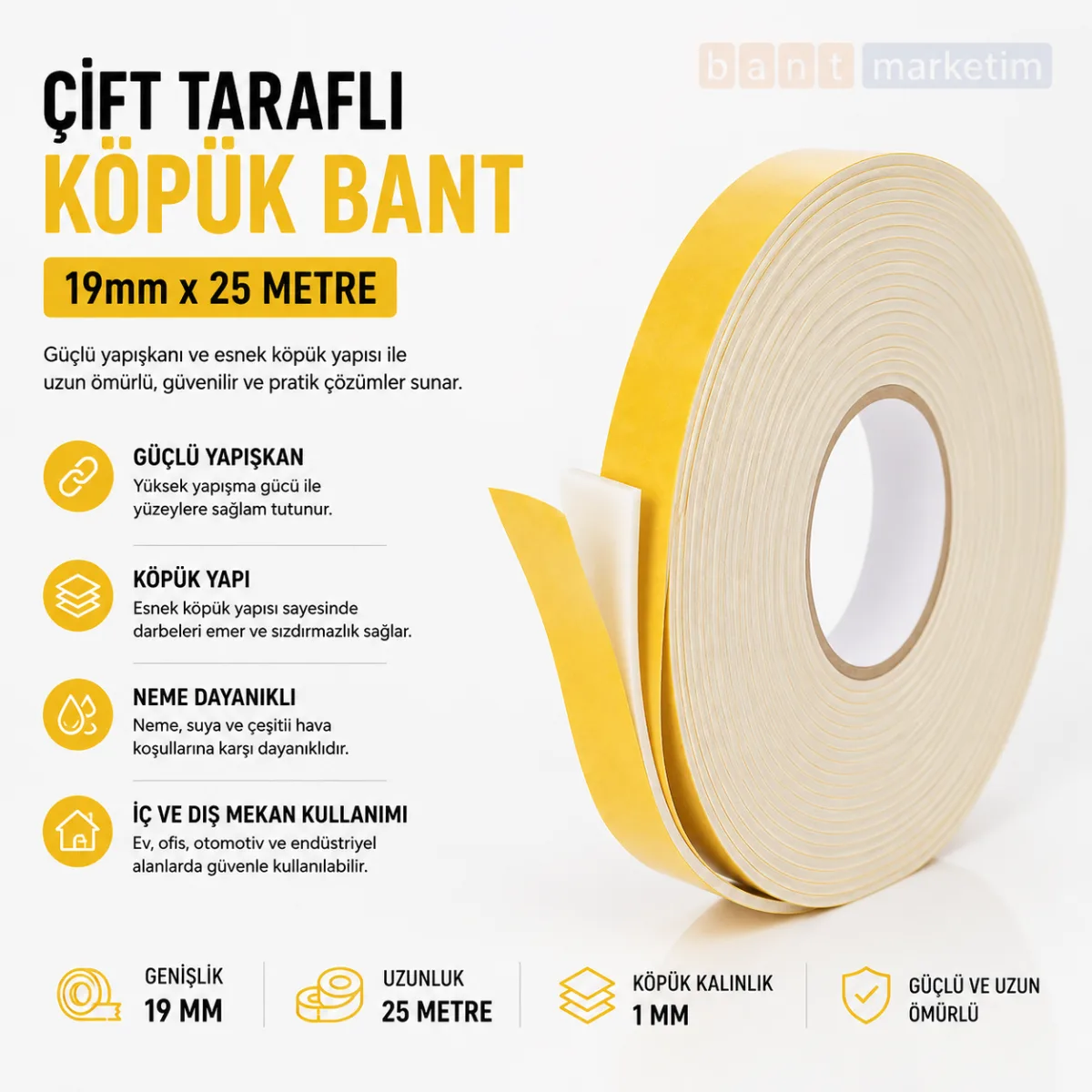 Çift Taraflı Köpük Bant 19mm x 25 Metre Yapışkanlı Sünger Bant Montaj Sabitleme İzolasyon Bandı