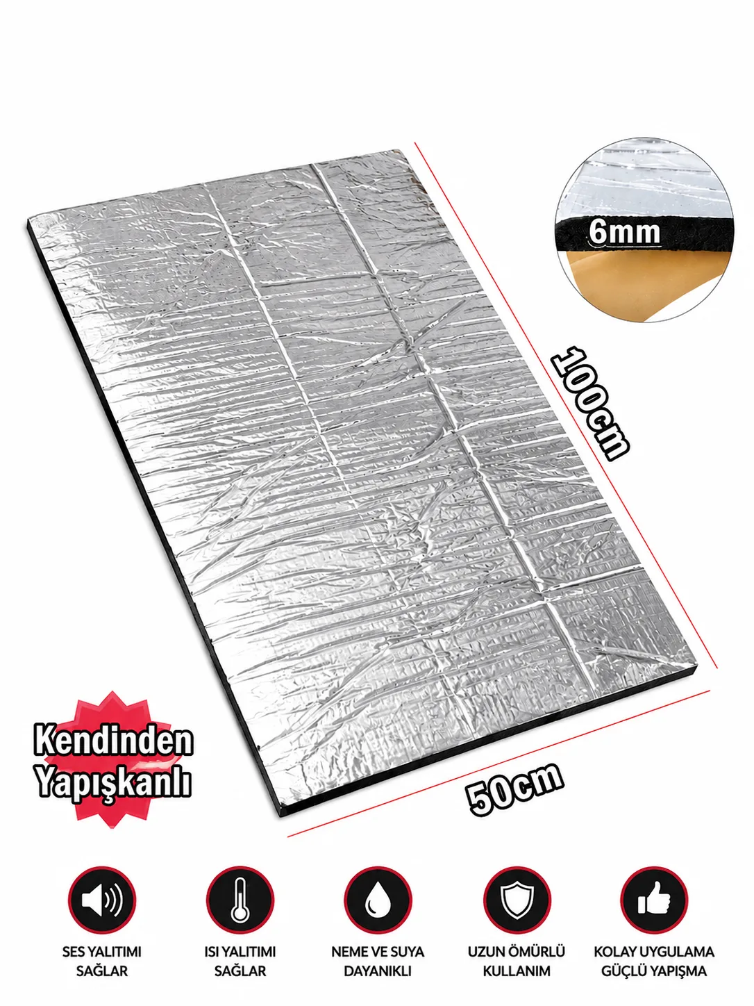 Oto Karavan Ev Ses Akustik 6mm 50cmx100cm (0,50M2) Folyolu Yapışkanlı Kauçuk Yalıtım