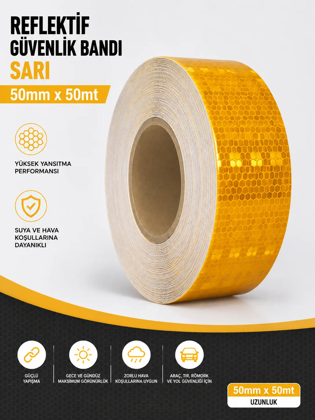 Bal Petekli Reflektif Bant Sarı 50mm x 50m Kendinden Yapışkanlı Reflektör Şerit Uyarı Bandı