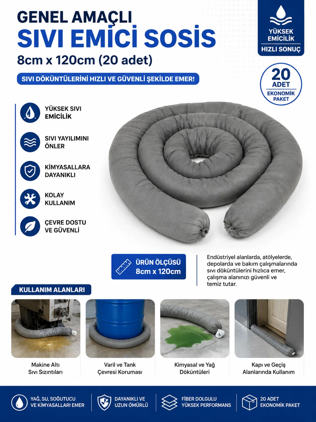 Genel Amaçlı Sıvı Emici Sosis 8cmx120cm (20adet)