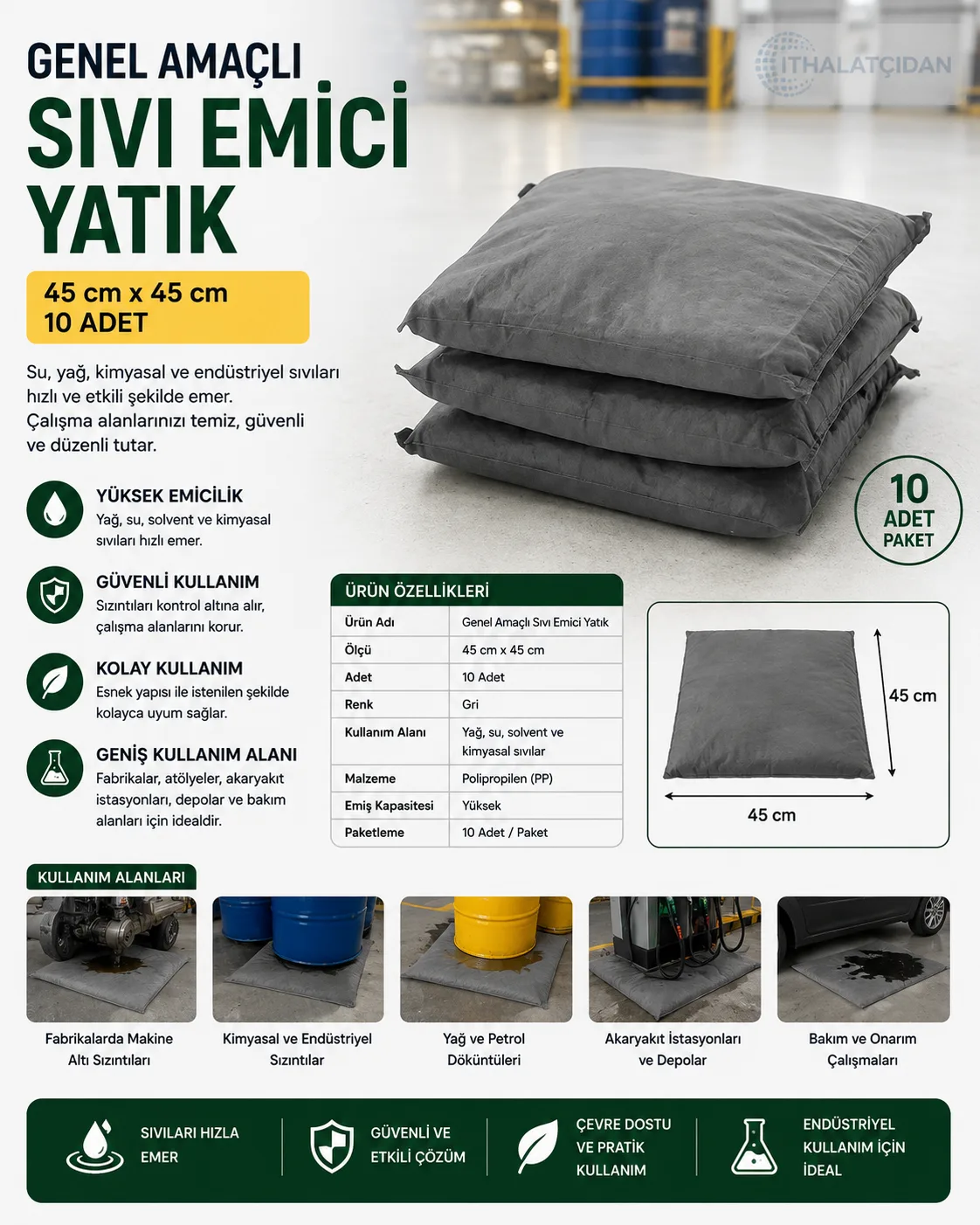Genel Amaçlı Sıvı Emici Yatık 45 cmx45 cm 10 Adet