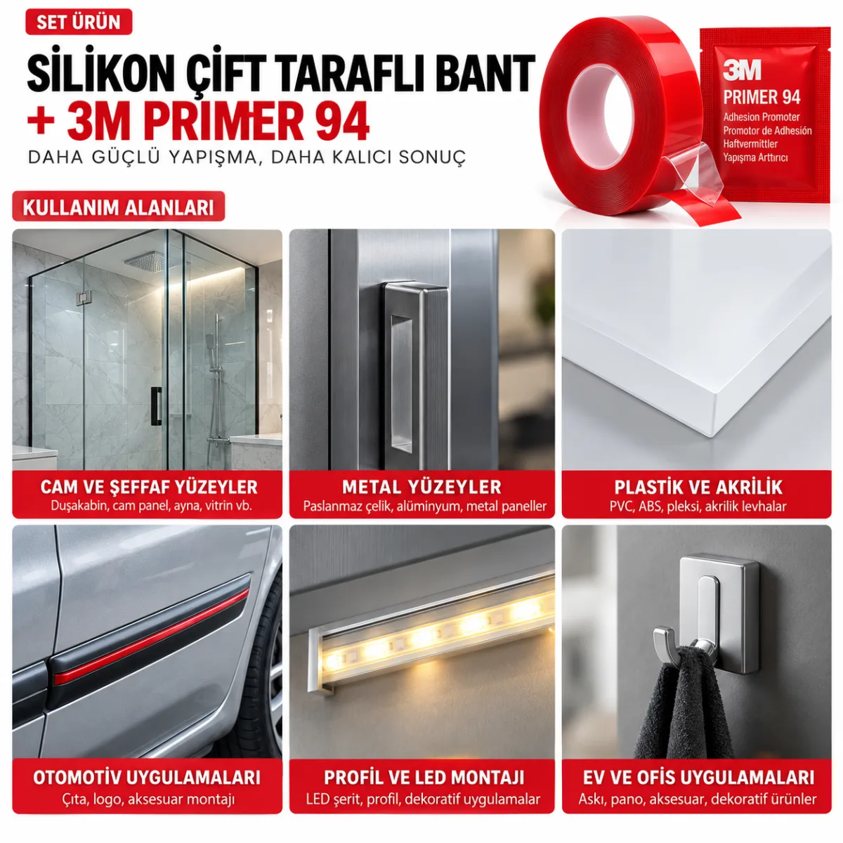 Evimdeyokyok Silikon Çift Taraflı Bant 10Adet 9Mm X 5M + 10Adet 3M Primer 94 Yapışma Güçlendirici Set