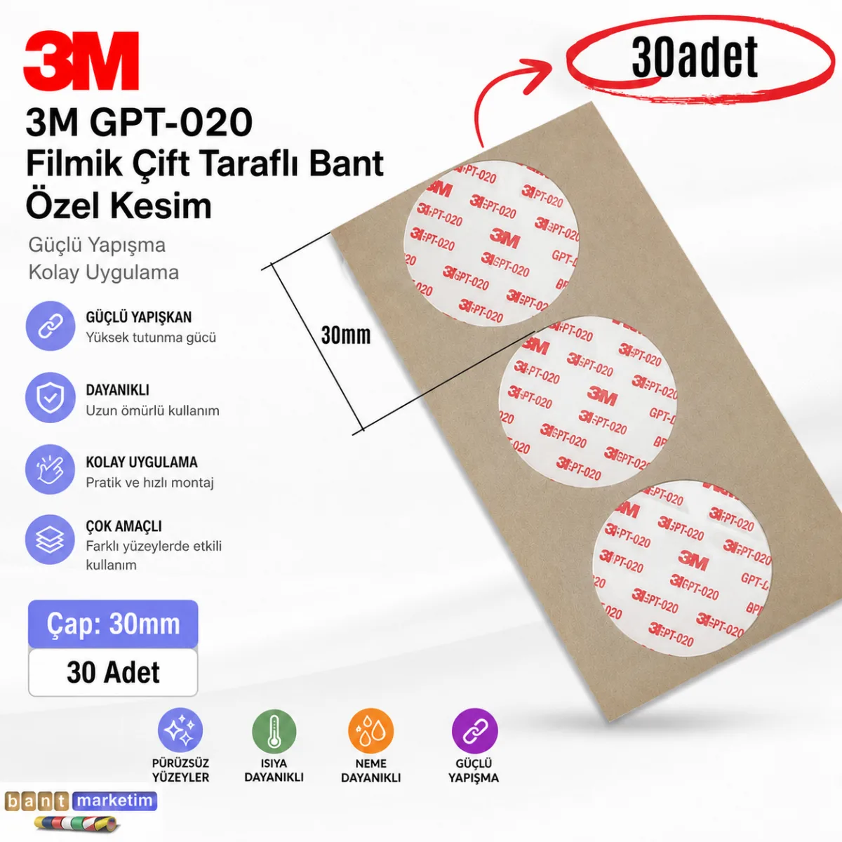 3m GPT-020 Filmik Çift Taraflı Bant Özel Kesim 30mm (30Adet)