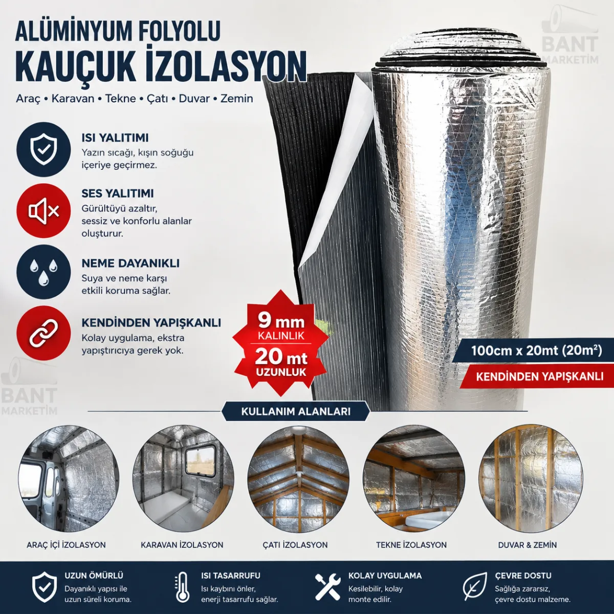 Araç Karavan İzolasyonu Alüminyum Folyolu Kauçuk 9mm 100cmx20Mt (20M2) Yapışkanlı Kauçuk