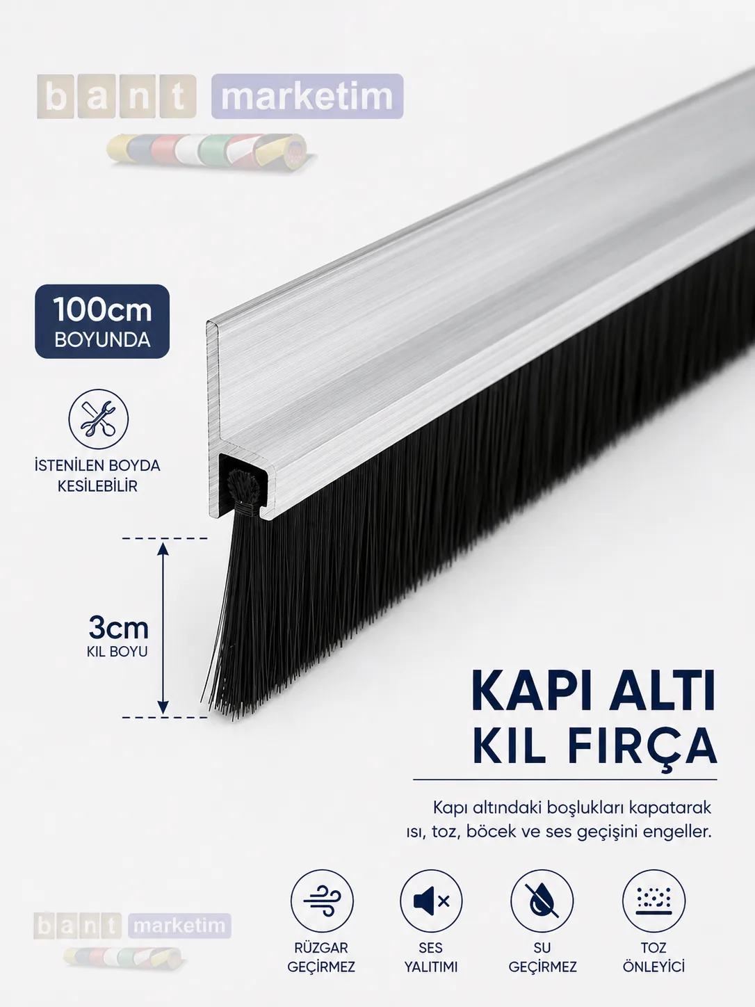Kapı Altı Fırça Alüminyum 100 Cm H Tipi 3cm Kıl Boyu