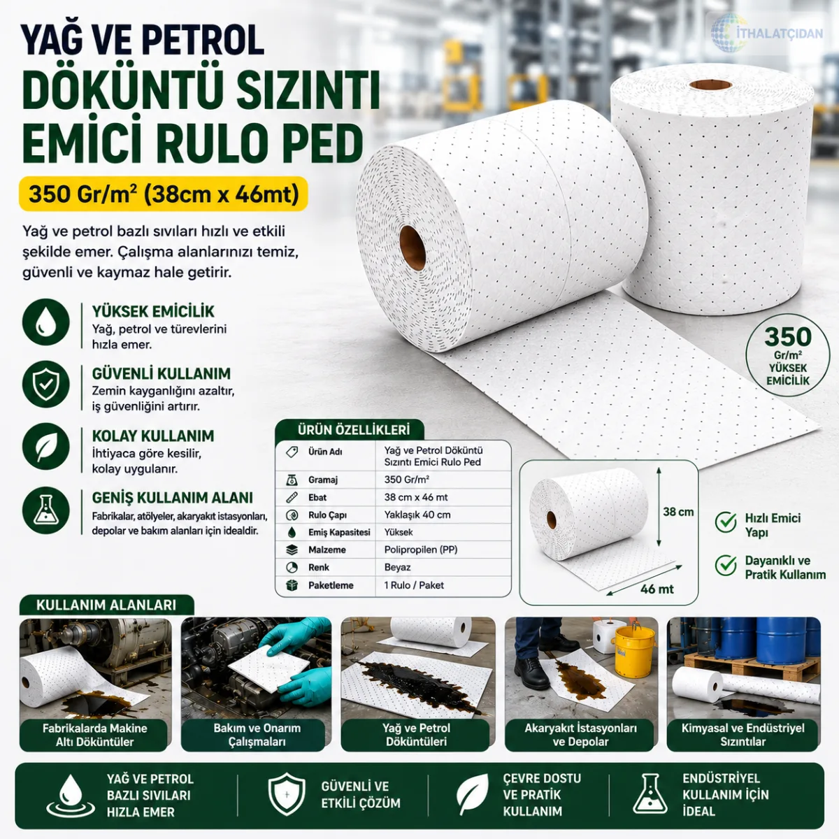 Yağ Ve Petrol Döküntü Sızıntı Emici Rulo Ped 350 Gr/m2 (38cmx46mt)