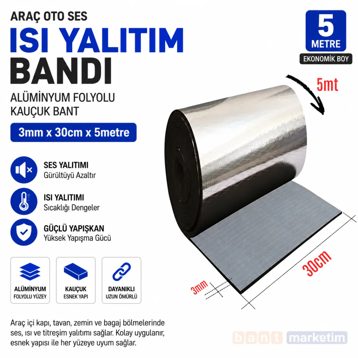 Araç Oto Ses Isı Yalıtım Bandı 3mm x 30cm x 5 Metre Alüminyum Folyolu Kauçuk İzolasyon Bantı