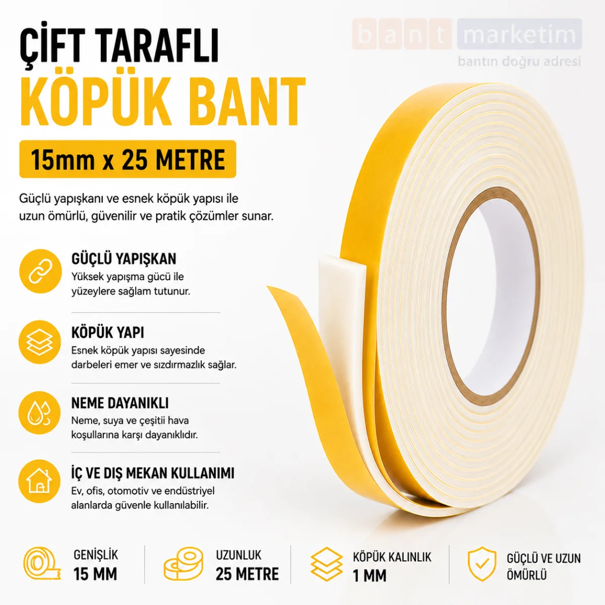 Çift Taraflı Köpük Bant 15mm x 25 Metre Yapışkanlı Sünger Bant Montaj Sabitleme İzolasyon Bandı