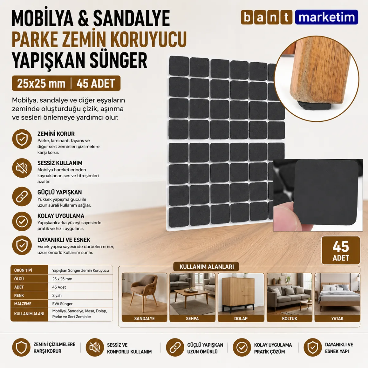 Mobilya Sandalye Parke Zemin Koruyucu Yapışkanlı Sünger 25x25 mm – 45 Adet Siyah