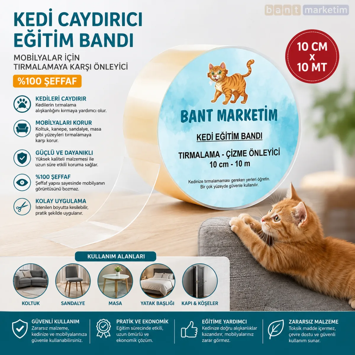 Kedi Caydırıcı Eğitim Bandı, Mobilyalar Için Tırmalamaya Karşı Önleyici, %100 Şeffaf10 Cm X 10 Mt