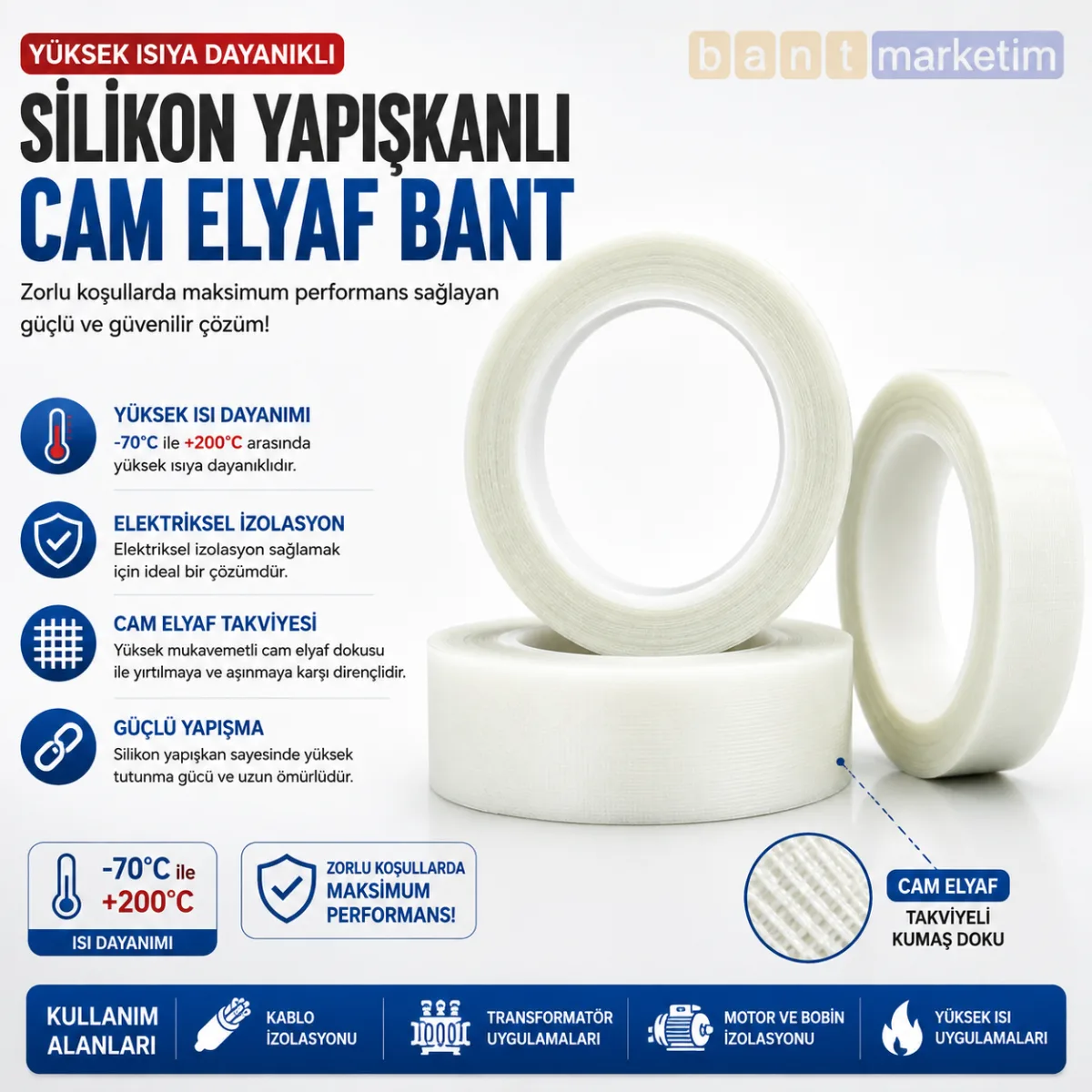 Silikon Yapışkanlı Cam Elyaf Bant Yüksek Isı Dayanıklı Elektrik İzolasyon Bandı 15mmx33m