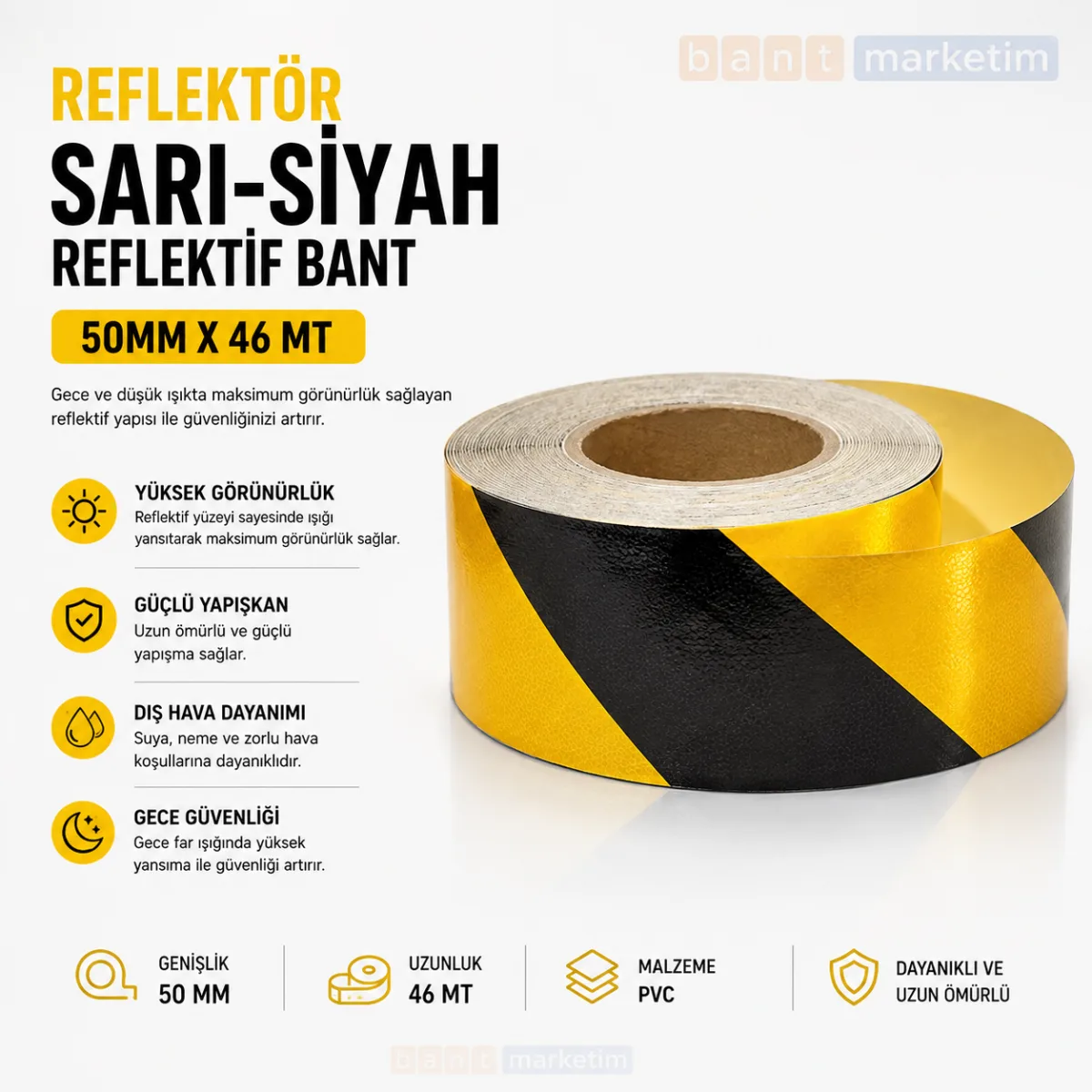Sarı Siyah Reflektif Bant 50mm x 46mt Reflektör İkaz Şeridi Kendinden Yapışkanlı