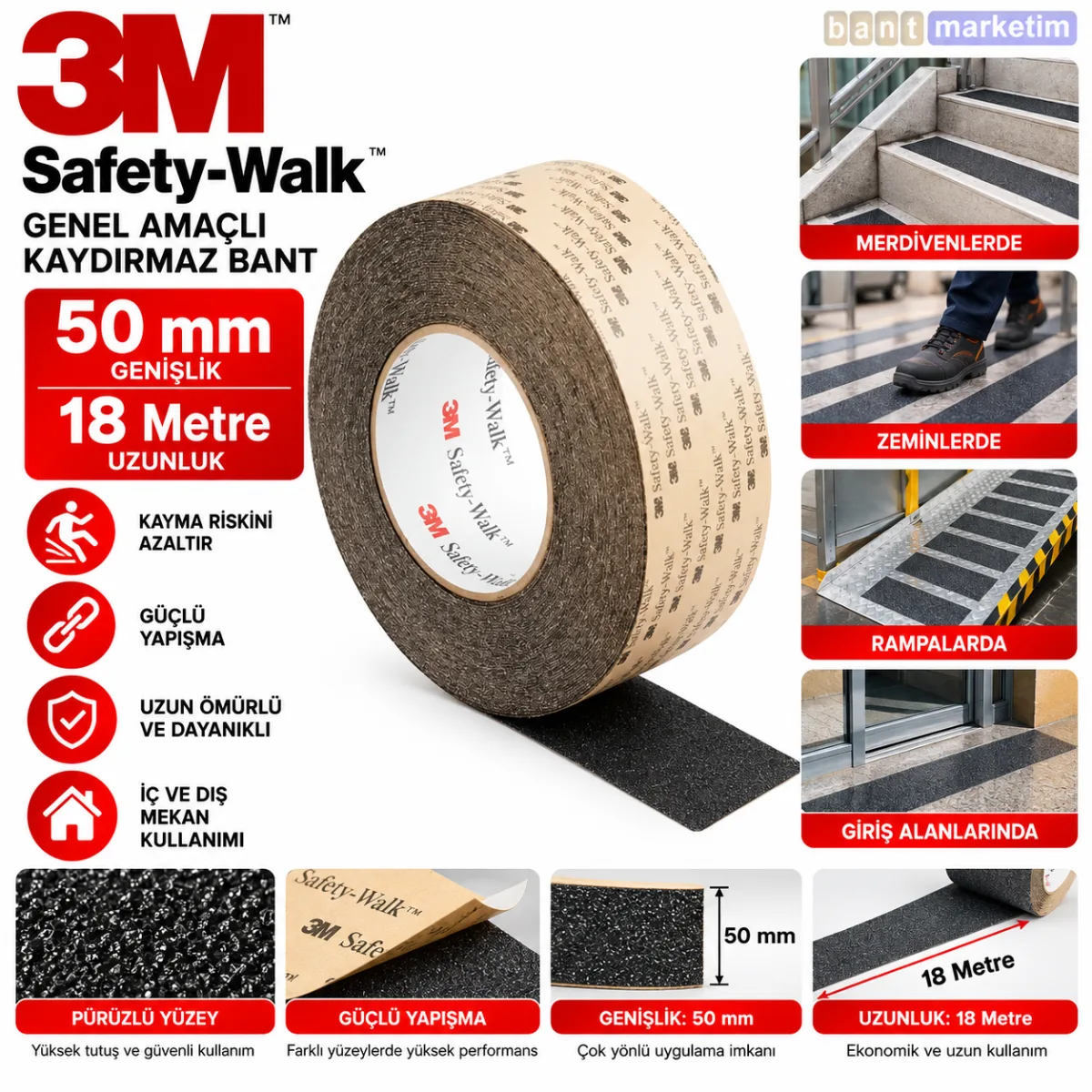 3M 610 Safety Walk Genel Amaçlı Kaydırmaz Bant 50mm X 18 Metre Siyah