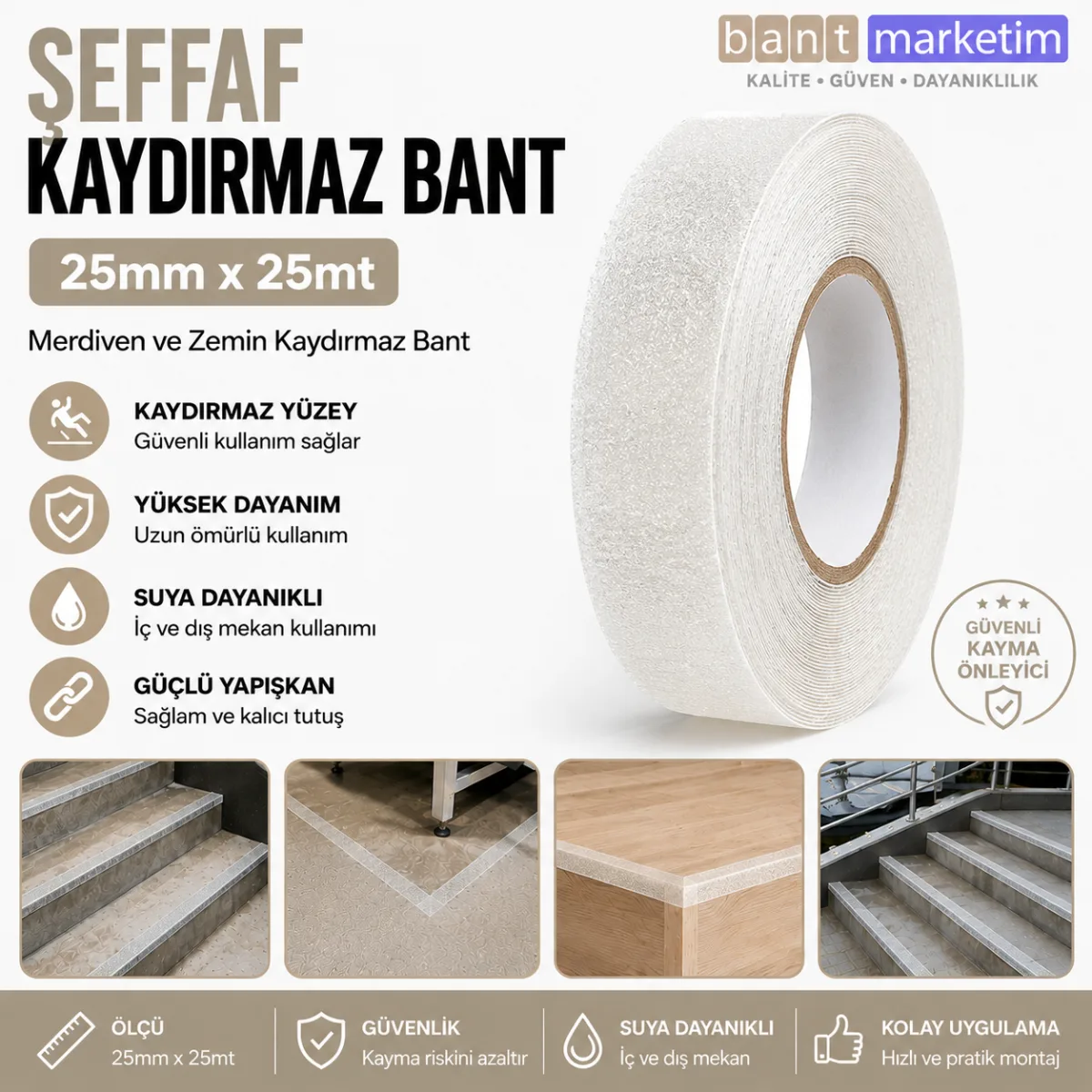 Şeffaf Merdiven ve Zemin Kaydırmaz Bant 25mm x 25mt – Kaymaz Antislip Bant