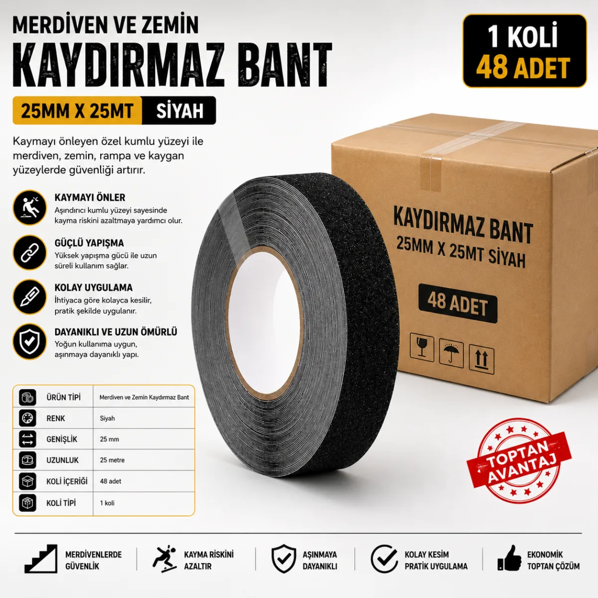 Merdiven ve Zemin Kaydırmaz Bant 25 mm x 25 Metre Siyah – 48 Adet 1 Koli
