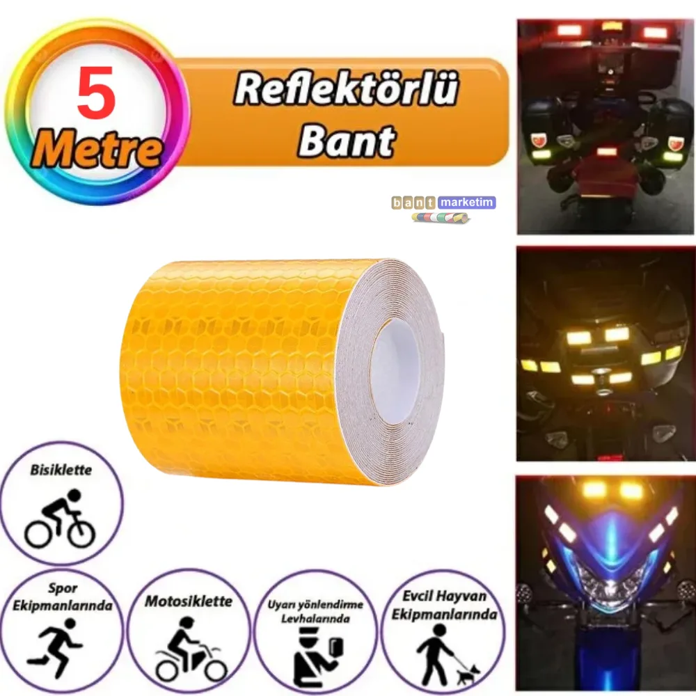 Reflektörlü Reflektif Fosforlu Şerit Bant Petekli Reflekte İkaz Bandı 5 cm x 5 Metre Sarı