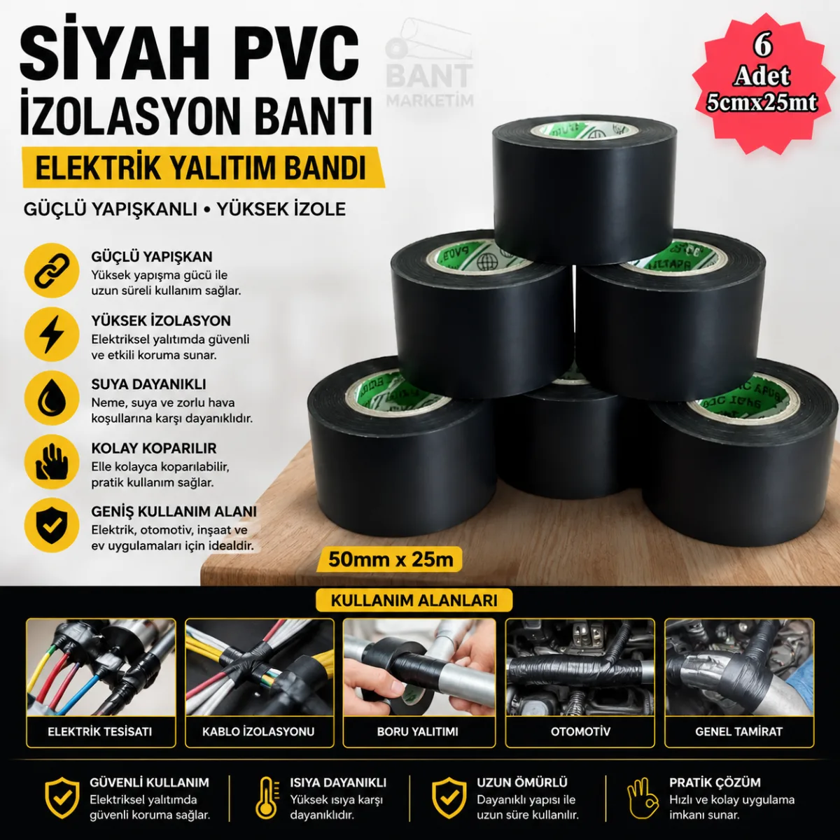 Siyah PVC İzolasyon Bandı 50mm x 25m 6'lı Paket Elektrik Yalıtım Bandı Güçlü Yapışkanlı İzole Bant