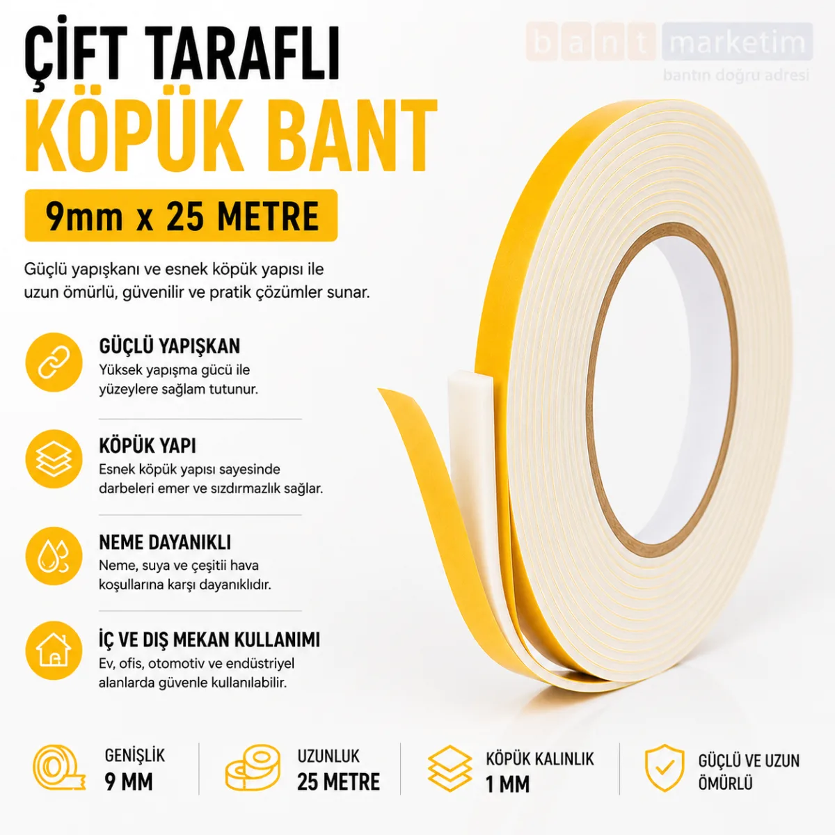 Çift Taraflı Köpük Bant 9mm x 25 Metre Yapışkanlı Sünger Bant Montaj Sabitleme İzolasyon Bandı