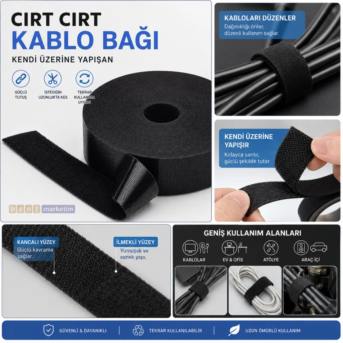 Cırt Cırt Kablo Bağı Kablo Sabitleme Bandı – Kendinden Yapışkanlı Kablo Düzenleyici 13mm x 50mt