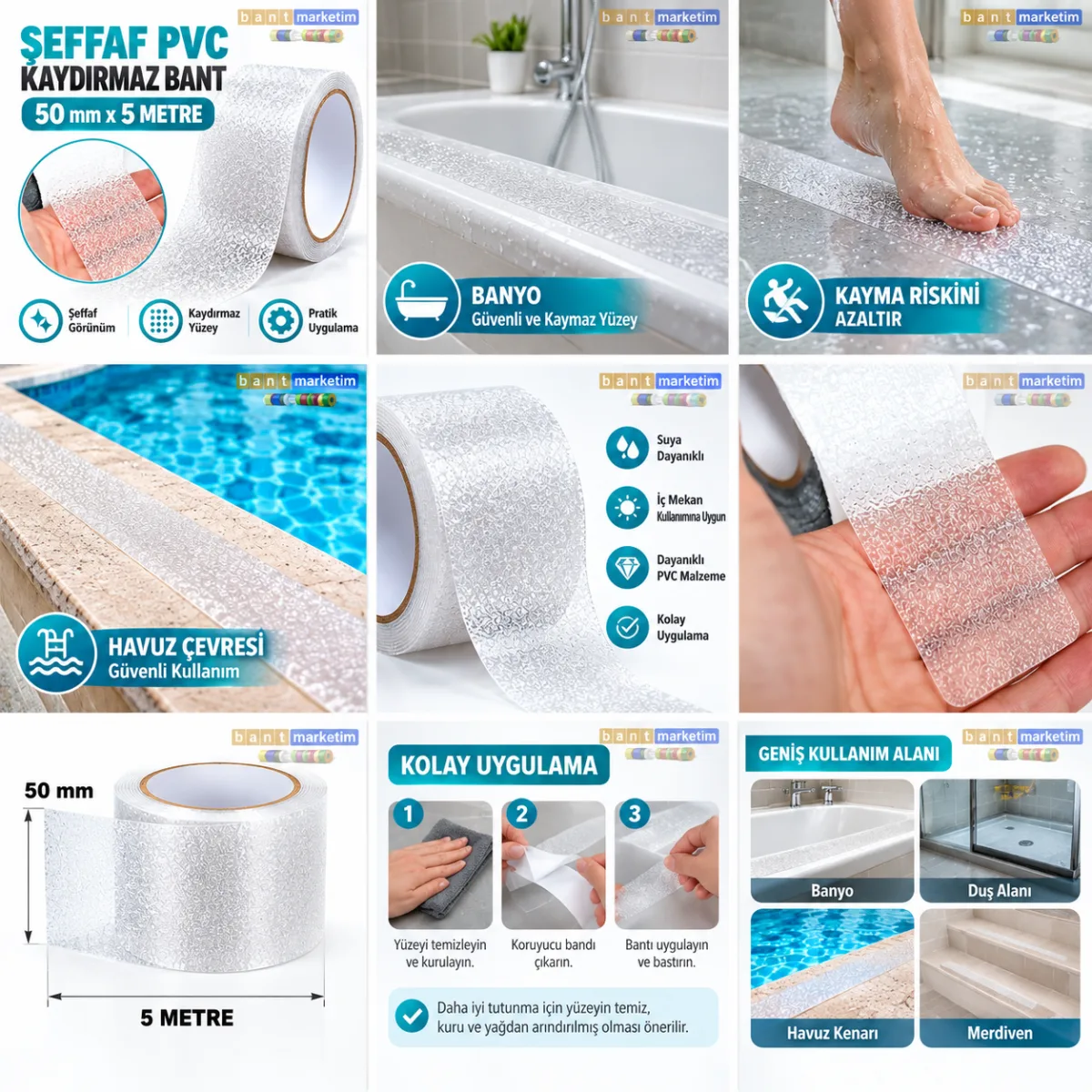 Pvc Iç Mekan Banyo Küvet Havuz Kenarı Kaydırmaz Bant 50mm X 5mt Şeffaf