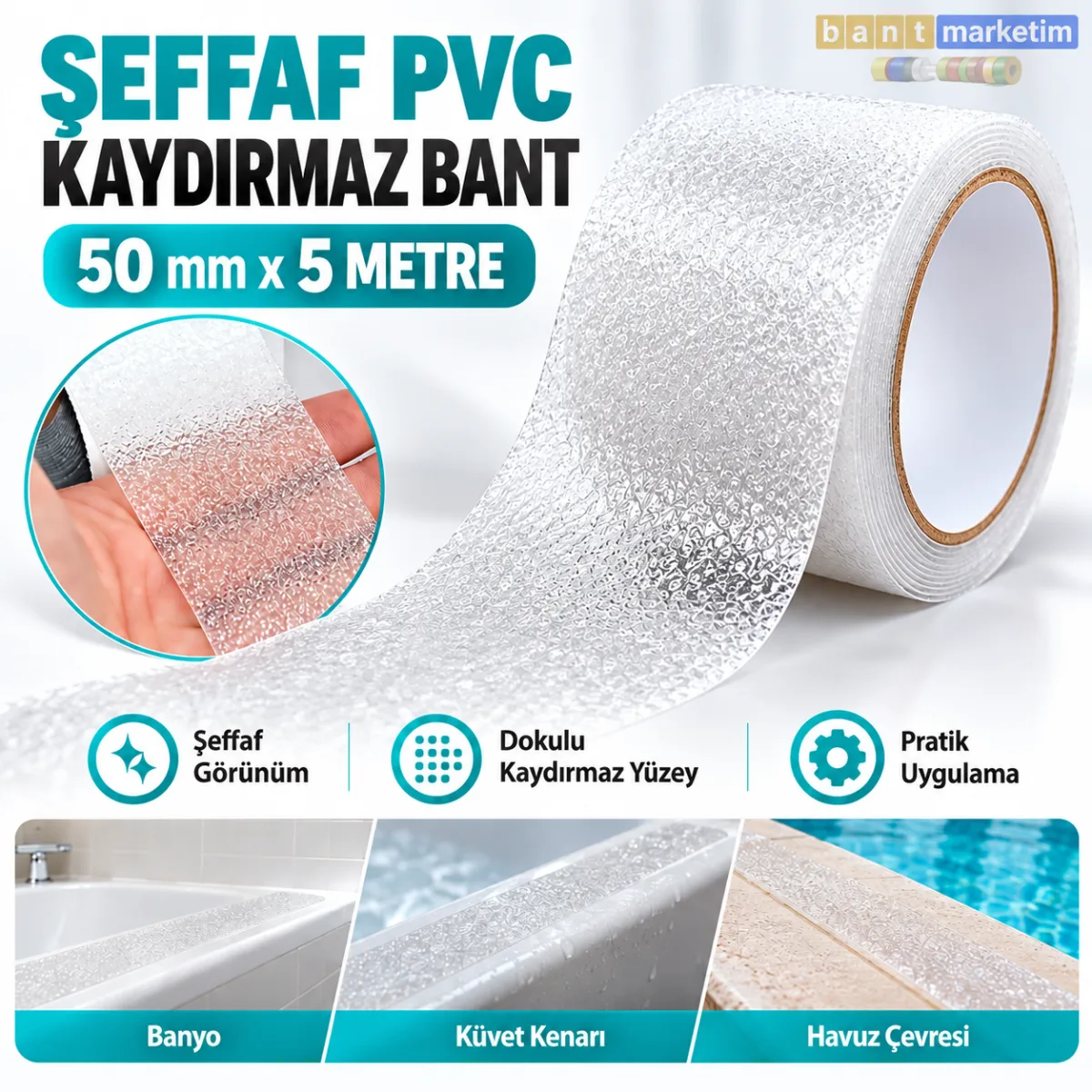 Pvc Iç Mekan Banyo Küvet Havuz Kenarı Kaydırmaz Bant 50mm X 5mt Şeffaf