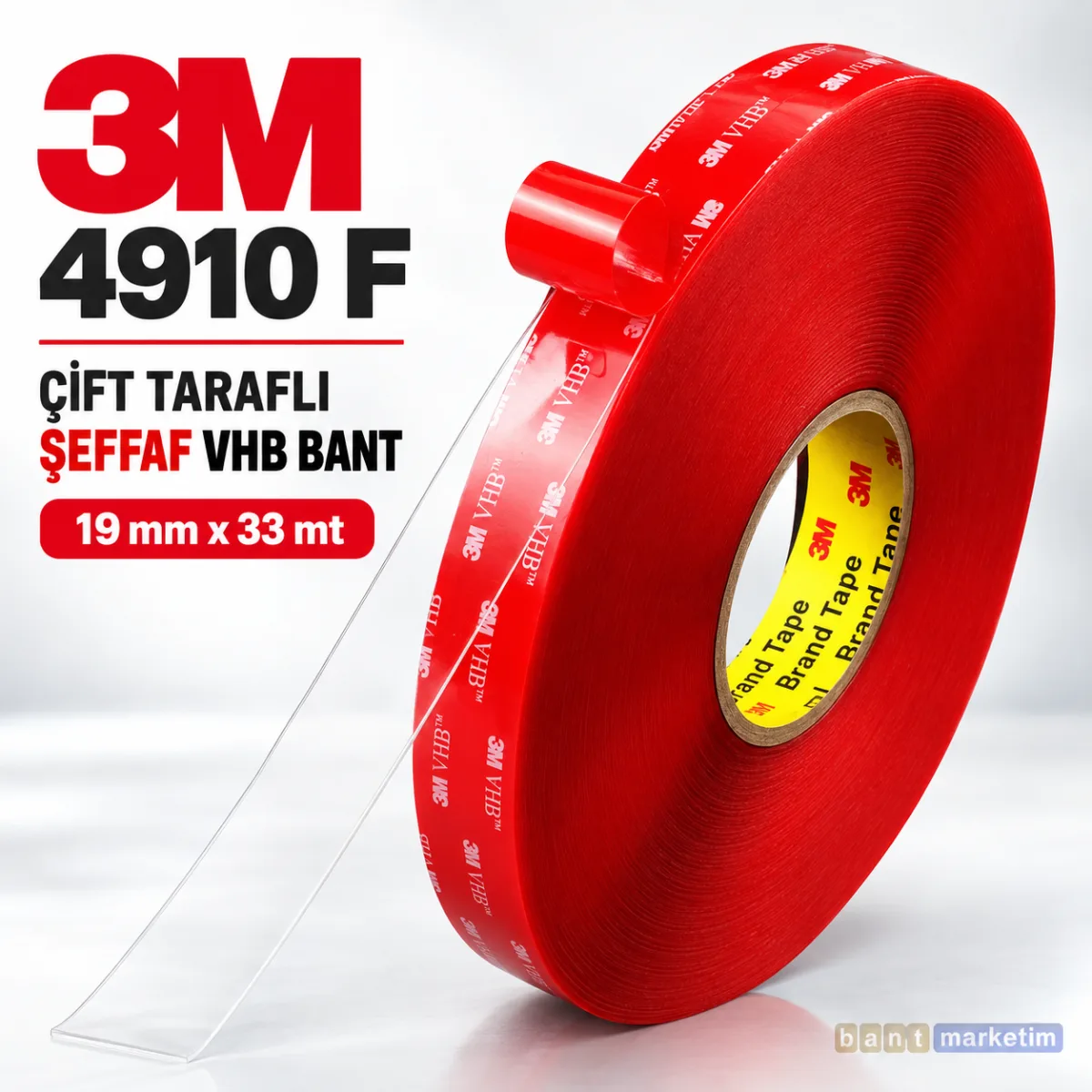3M 4910 F Çift Taraflı Şeffaf Vhb Bant 19mm x 33mt