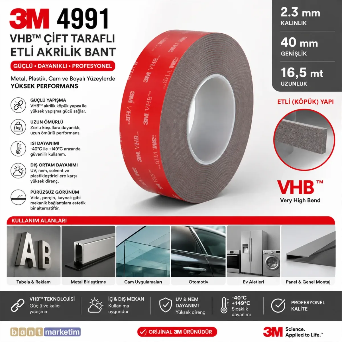 3M VHB 4991 Çift Taraflı Etli Gri Bant 2.3mm – 40mm x 16.5mt Güçlü Yapışkan