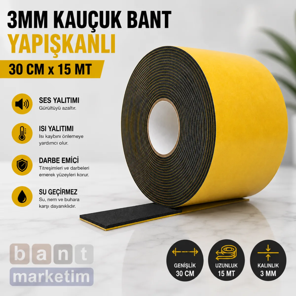 3mm Kauçuk Bant Yapışkanlı 30cm x 15 Metre – Kendinden Yapışkanlı Ses ve Isı Yalıtım Bandı