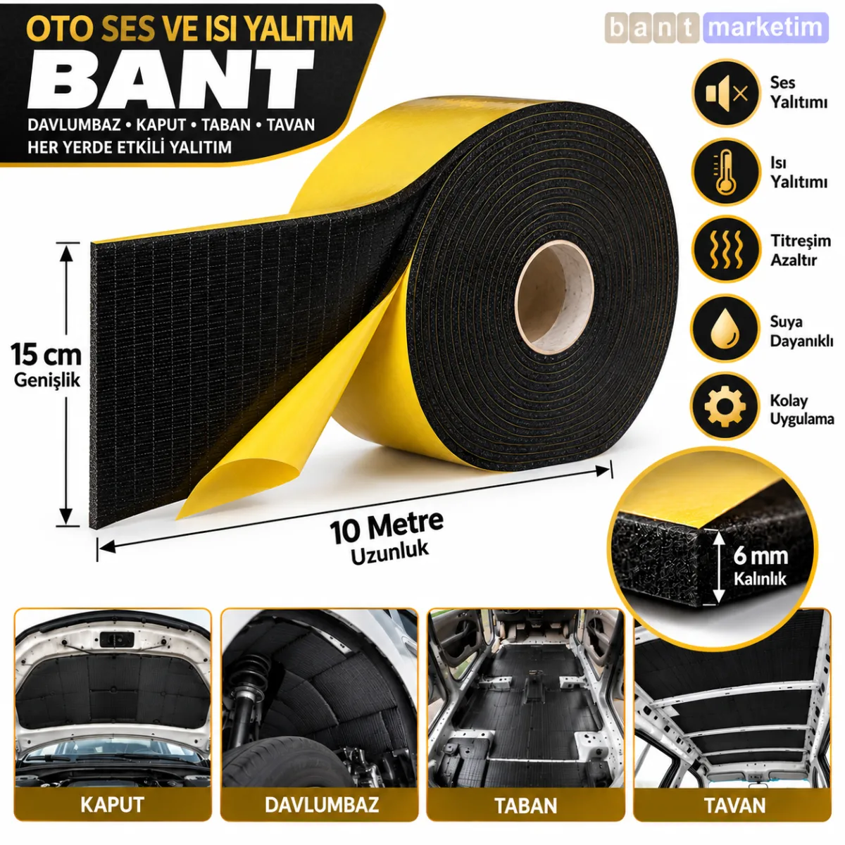 Oto Ses Isı Yalıtım Süngeri Yapışkanlı Bant 15 cm x 10 Metre 6 mm Kalınlık