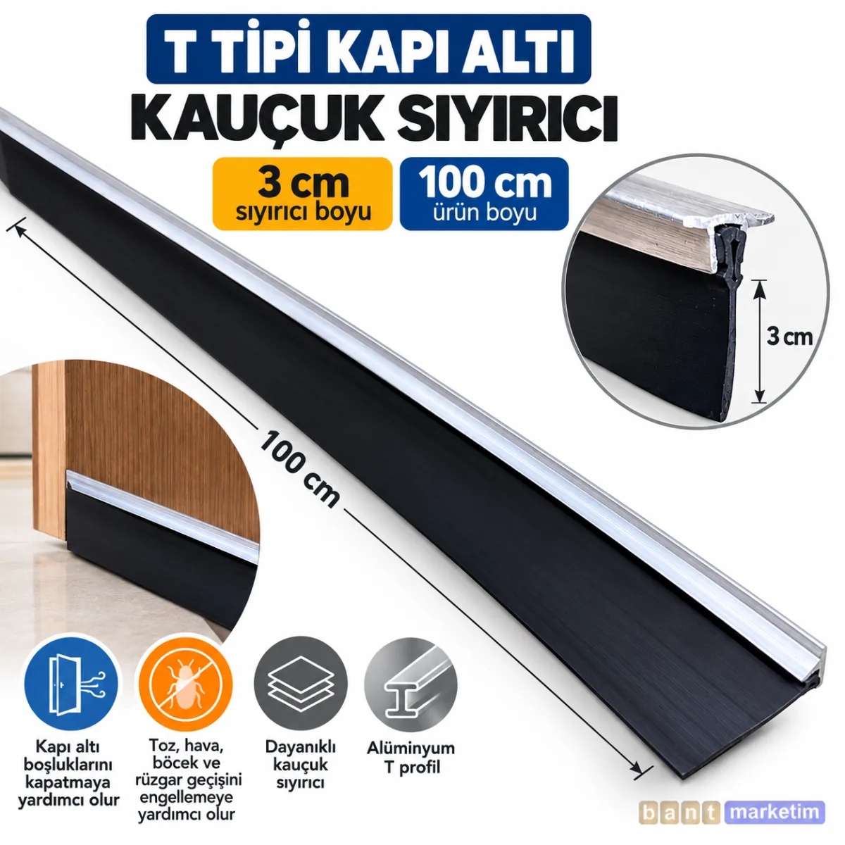 T Tipi Kapı Altı Kauçuk Sıyırıcı 100 cm – 3 cm Siyırıcı Boyu, Alüminyum Profilli Kapı Altı Fitili