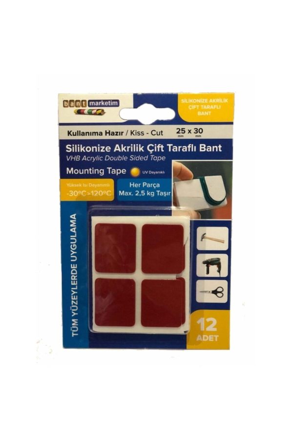 Silikonize Akrilik Çift Taraflı Bant Gri 12' Li 25mmx30mm Özel Kesim Kullanıma Hazır