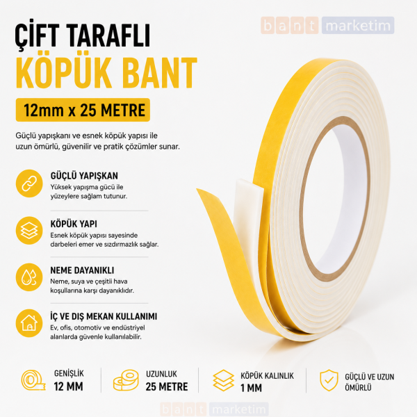 Çift Taraflı Köpük Bant 12mm x 25 Metre Yapışkanlı Sünger Bant Montaj Sabitleme İzolasyon Bandı