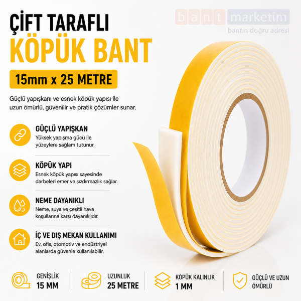 Çift Taraflı Köpük Bant 15mm x 25 Metre Yapışkanlı Sünger Bant Montaj Sabitleme İzolasyon Bandı