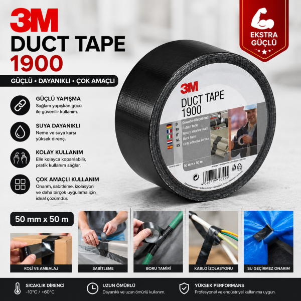 3m 1900 Duck Tape Tamir Kanal Bandı 50mm X 50mt Siyah Bant