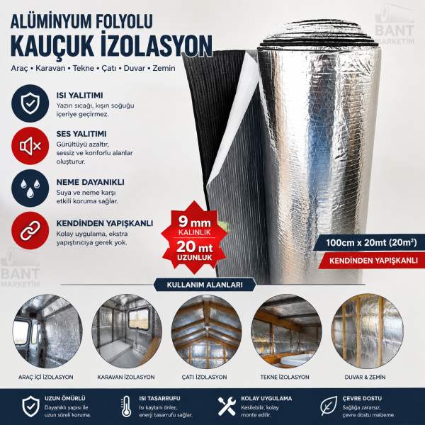 Araç Karavan İzolasyonu Alüminyum Folyolu Kauçuk 9mm 100cmx20Mt (20M2) Yapışkanlı Kauçuk