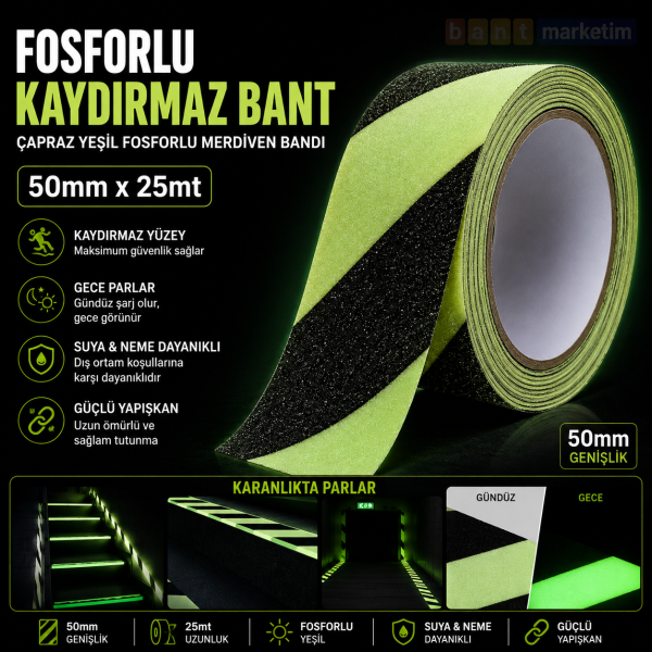 Fosforlu Kaydırmaz Bant 50mm x 25mt – Çapraz Yeşil Fosforlu Merdiven ve Zemin Bandı