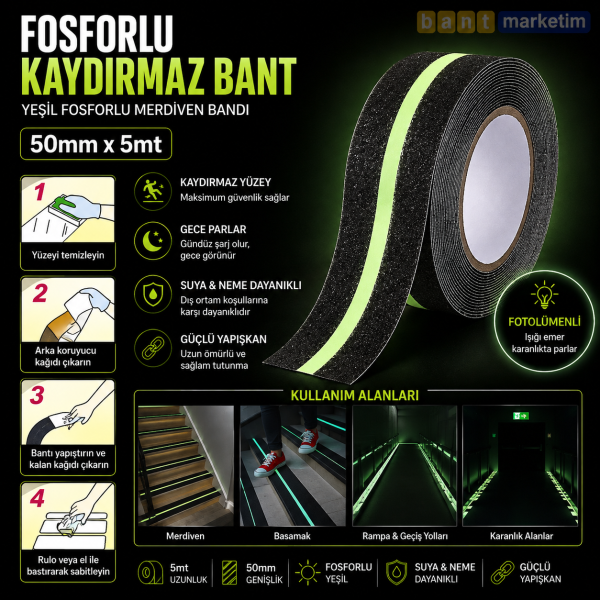 Fosforlu Kaydırmaz Merdiven Bandı 50mm x 5mt – Yeşil Fotolümenli Gece Parlayan Kaymaz Bant