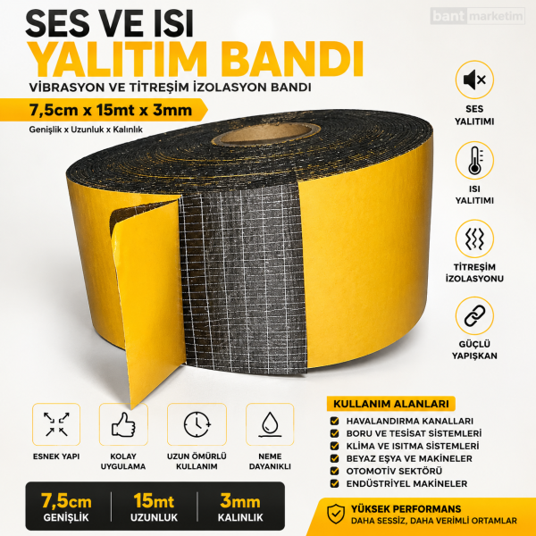 Ses ve Isı Yalıtım Bandı 3mm kalınlıkta 7,5cmx15mt Vibrasyon ve Titreşim İzolasyon Bandı