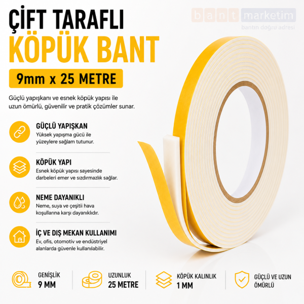 Çift Taraflı Köpük Bant 9mm x 25 Metre Yapışkanlı Sünger Bant Montaj Sabitleme İzolasyon Bandı