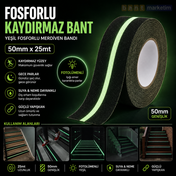 Fosforlu Kaydırmaz Merdiven Bandı 50mm x 25mt – Yeşil Fotolümenli Gece Parlayan Kaymaz Bant