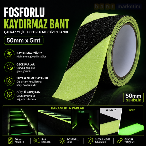 Fosforlu Kaydırmaz Bant 50mm x 5mt – Çapraz Yeşil Fosforlu Merdiven ve Zemin Bandı