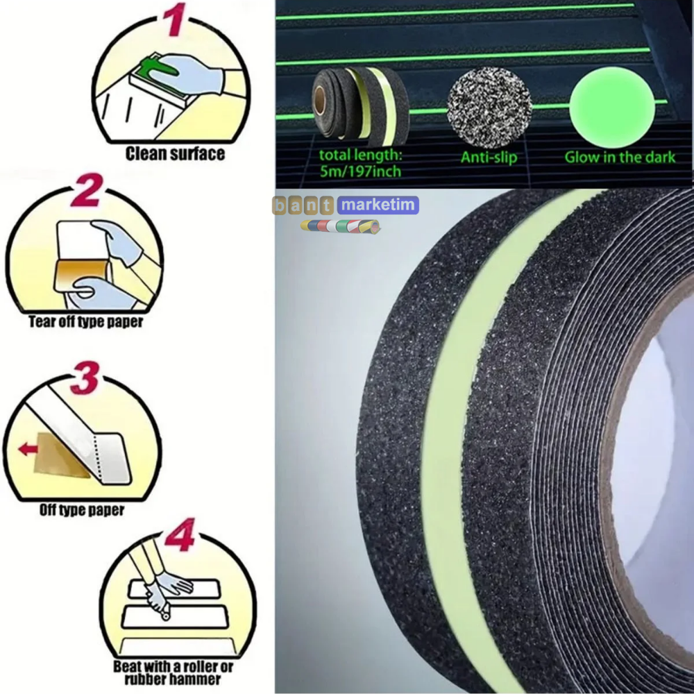 Fosforlu Kaydırmaz Bant 50mm x 5mt Yeşil Fosforlu Merdiven Bandı 50mm Fotolümenli
