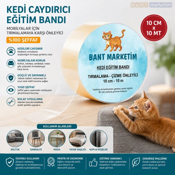 Kedi Caydırıcı Eğitim Bandı, Mobilyalar Için Tırmalamaya Karşı Önleyici, %100 Şeffaf10 Cm X 10 Mt