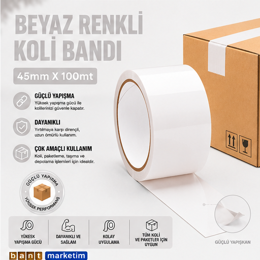 Beyaz Koli Bandı 45mmx100m Renkli Koli Bantı Beyaz Renk Hotmelt Yapışkanlı