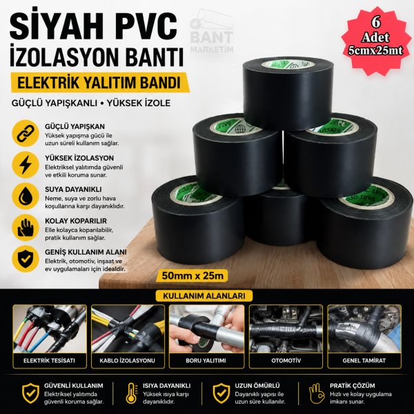 Siyah PVC İzolasyon Bandı 50mm x 25m 6'lı Paket Elektrik Yalıtım Bandı Güçlü Yapışkanlı İzole Bant