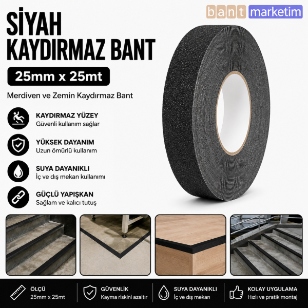 Siyah Merdiven ve Zemin Kaydırmaz Bant 25mm x 25mt – Kaymaz Antislip Bant
