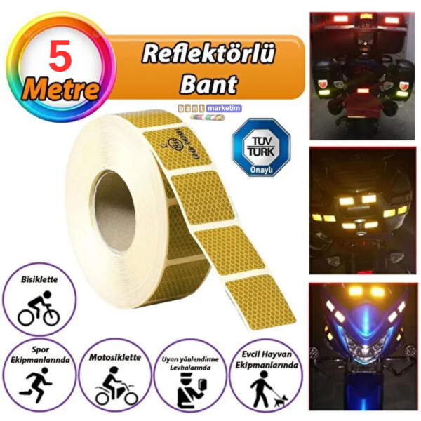Tüvtürk Onaylı Reflektörlü Reflektif Fosforlu Şerit Bant Kesikli Reflektör 5metre Sarı