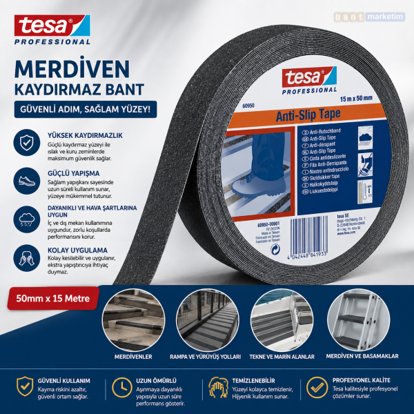 Tesa Merdiven Kaydırmaz Bant Siyah 50mm x 15 Metre Anti Slip Zemin ve Basamak Kaymaz Bant