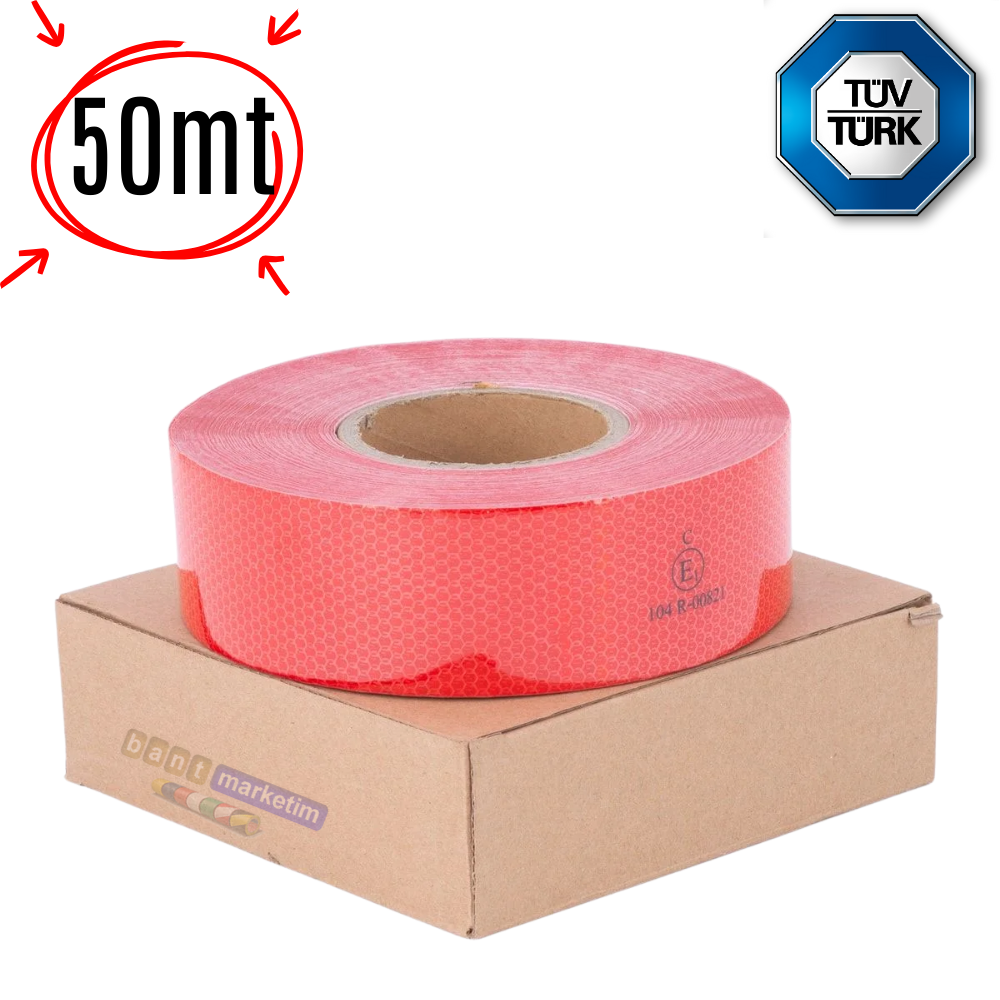 Reflektör Reflektif Petekli Şerit Bant 5 Cm x 50 Metre Kırmızı Tüvtürk Uyumlu