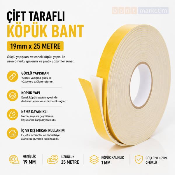 Çift Taraflı Köpük Bant 19mm x 25 Metre Yapışkanlı Sünger Bant Montaj Sabitleme İzolasyon Bandı